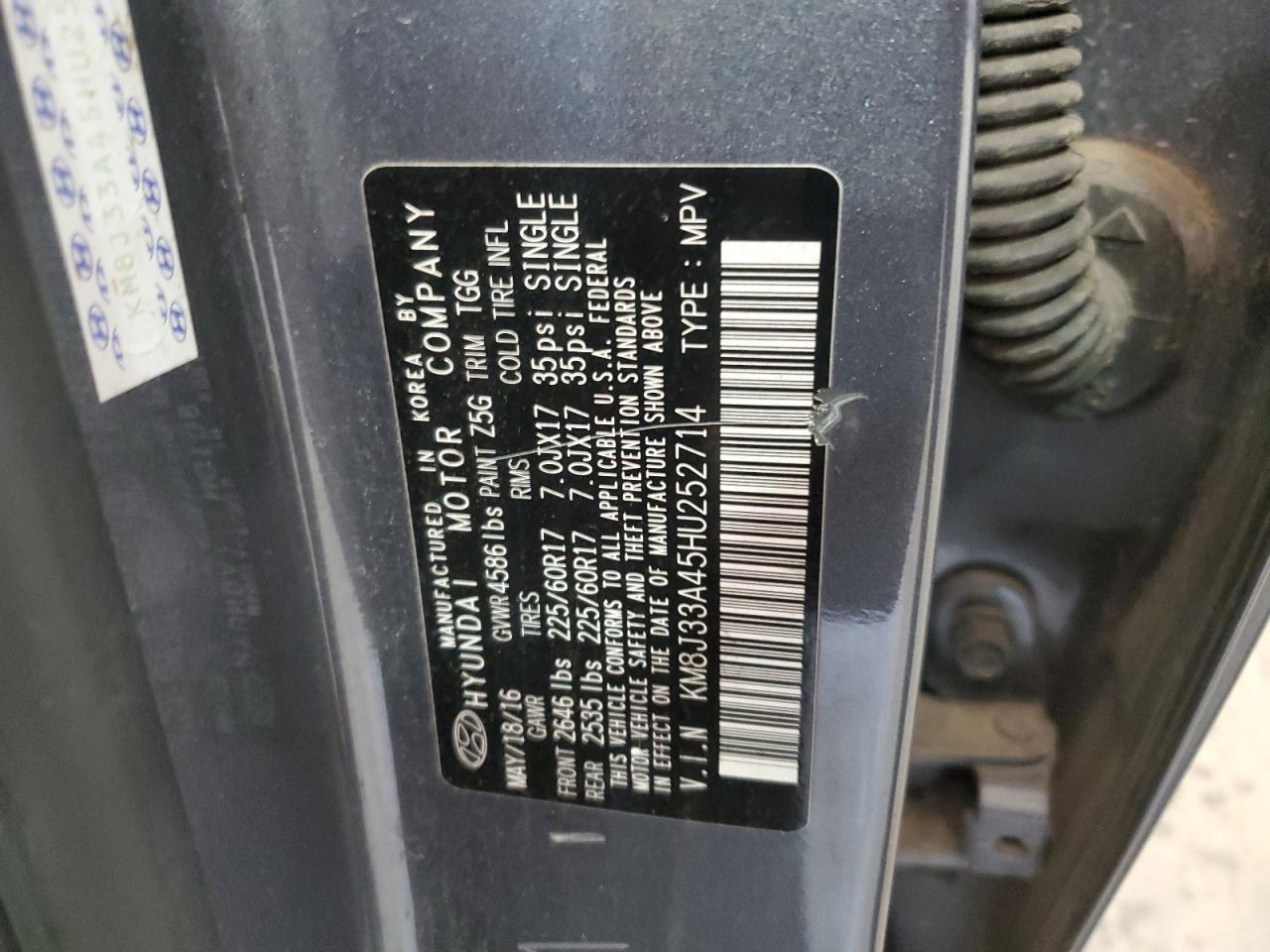 2017 Hyundai Tucson Limited VIN: KM8J33A45HU252714 Lot: 89792275