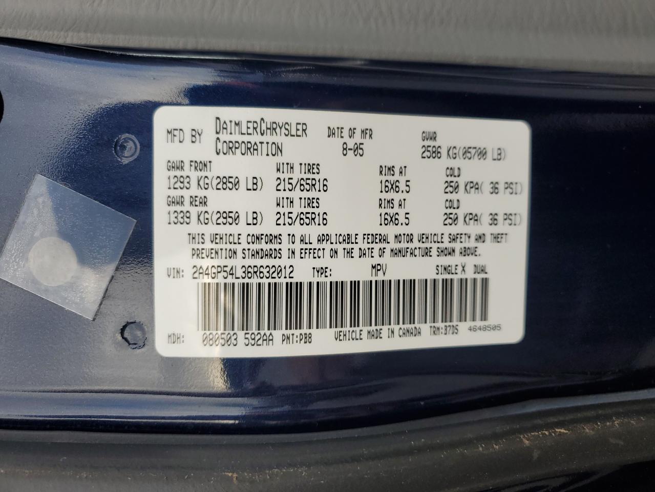 2006 Chrysler Town & Country Touring VIN: 2A4GP54L36R632012 Lot: 89829455