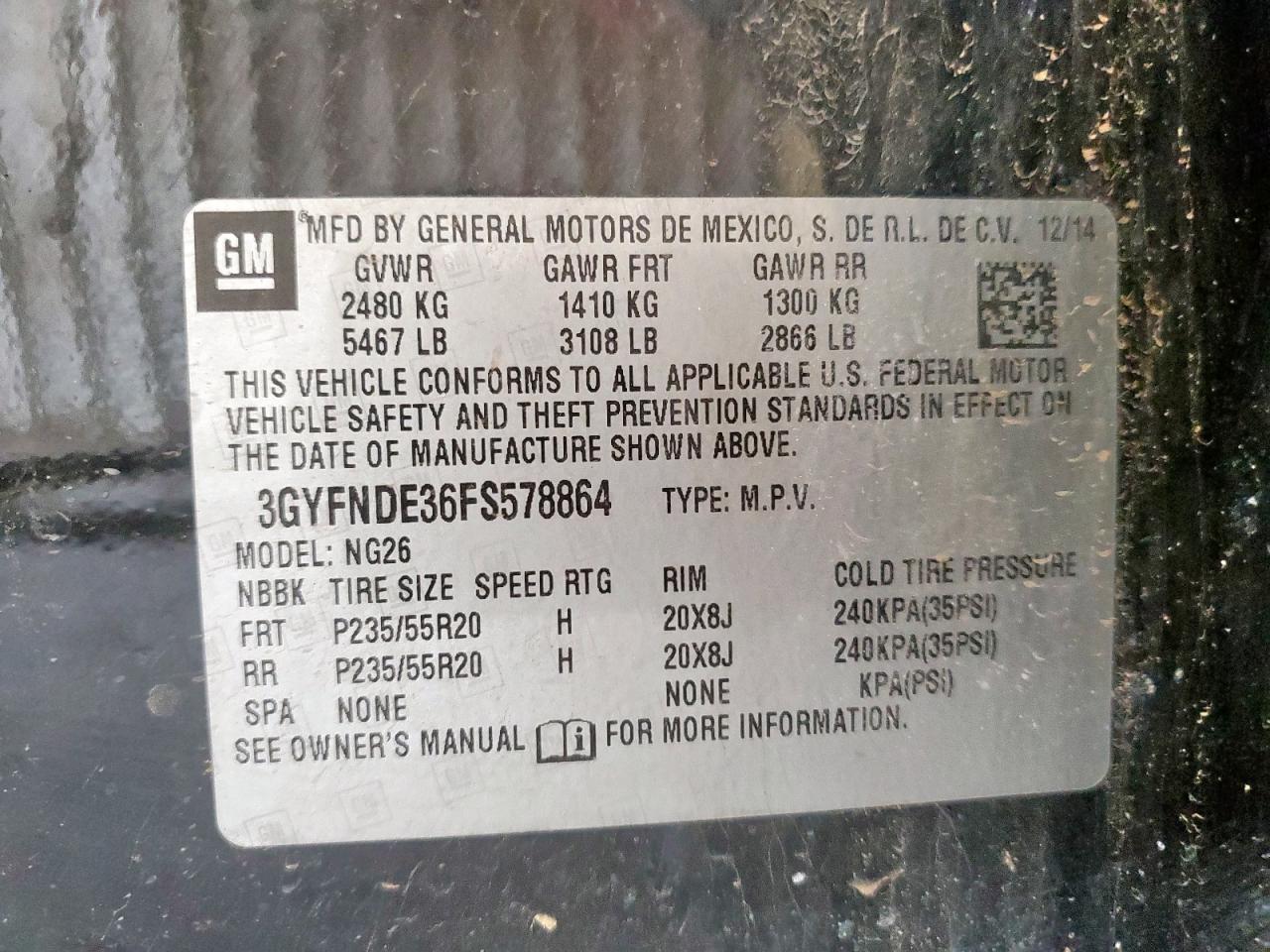 2015 Cadillac Srx Premium Collection VIN: 3GYFNDE36FS578864 Lot: 92517005