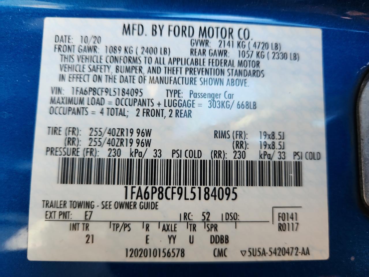 2020 Ford Mustang Gt VIN: 1FA6P8CF9L5184095 Lot: 86650175