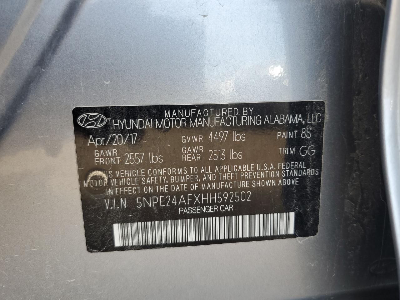 2017 Hyundai Sonata Se VIN: 5NPE24AFXHH592502 Lot: 85129895