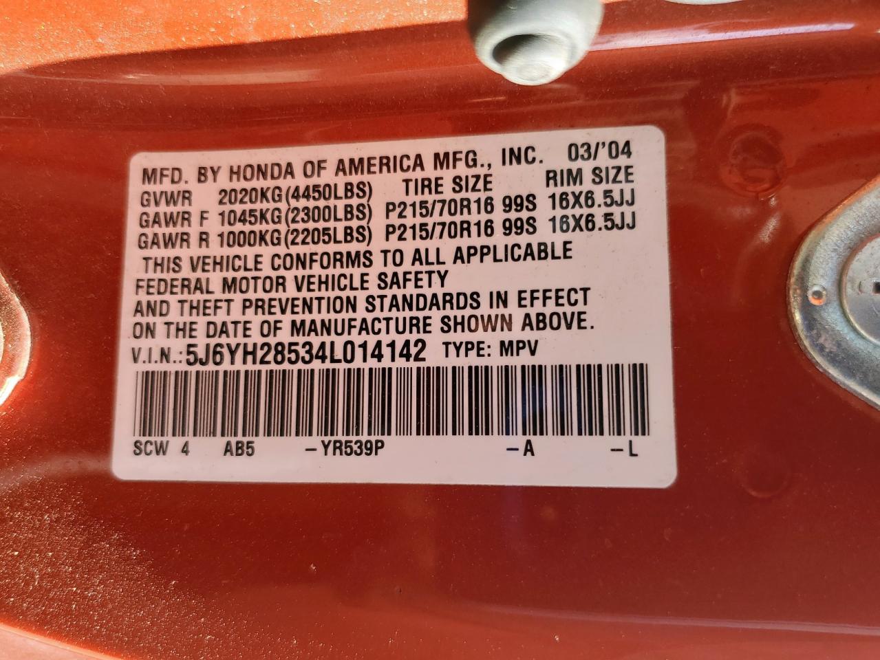 2004 Honda Element Ex VIN: 5J6YH28534L014142 Lot: 82002405