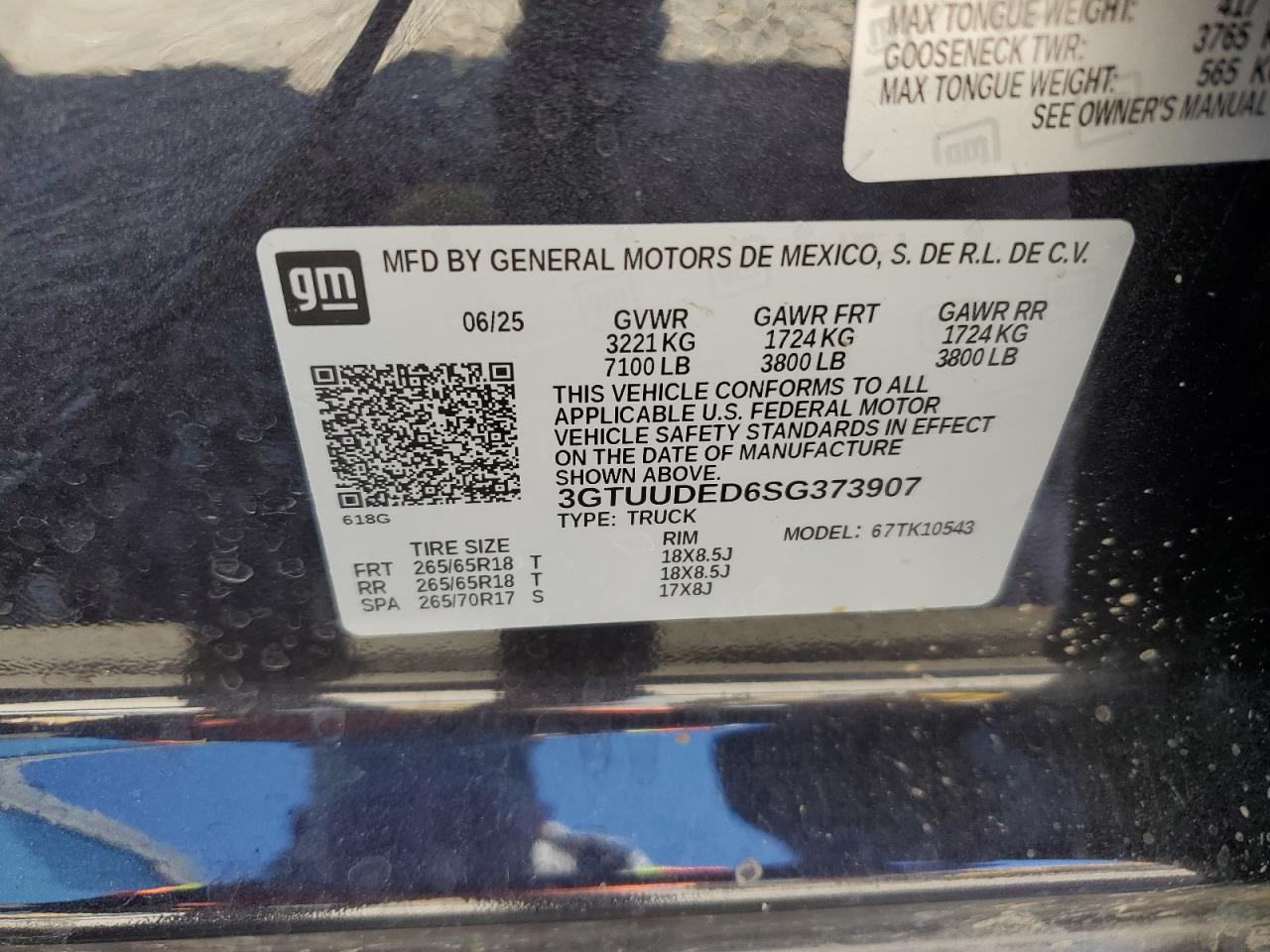 2025 GMC Sierra K1500 Slt VIN: 3GTUUDED6SG373907 Lot: 85890525