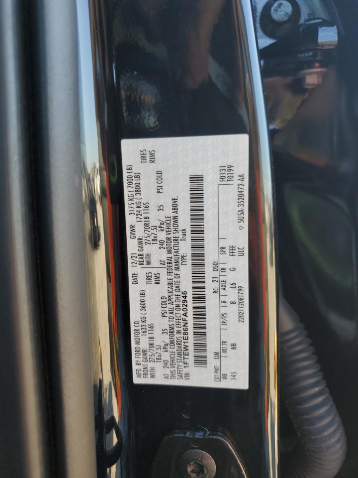 2022 Ford F150 Supercrew VIN: 1FTEW1E86NFA02946 Lot: 85893565