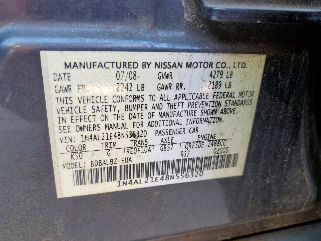 2008 Nissan Altima 2.5 VIN: 1N4AL21E48N556320 Lot: 82270945