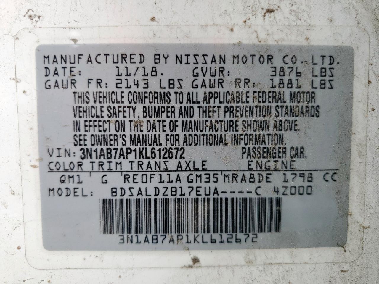 2019 Nissan Sentra S VIN: 3N1AB7AP1KL612672 Lot: 85194755