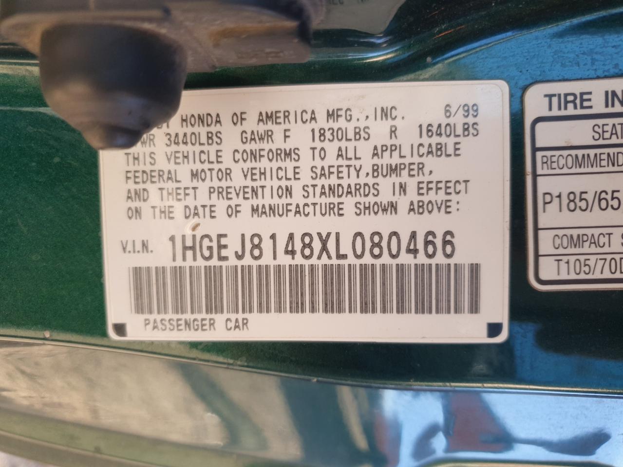 1999 Honda Civic Ex VIN: 1HGEJ8148XL080466 Lot: 85404825