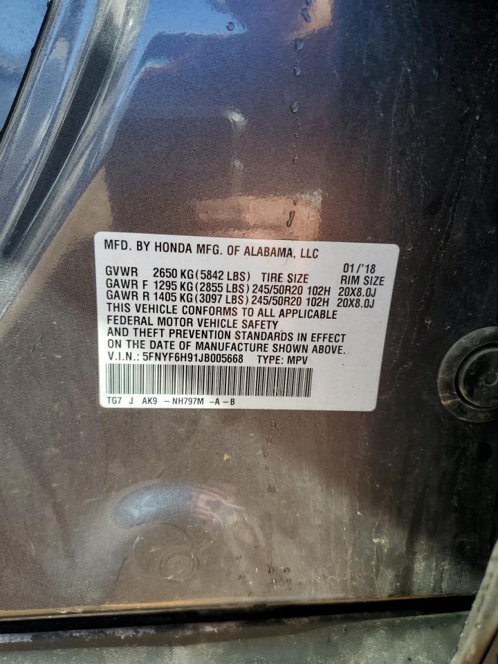 2018 Honda Pilot Touring VIN: 5FNYF6H91JB005668 Lot: 85587675