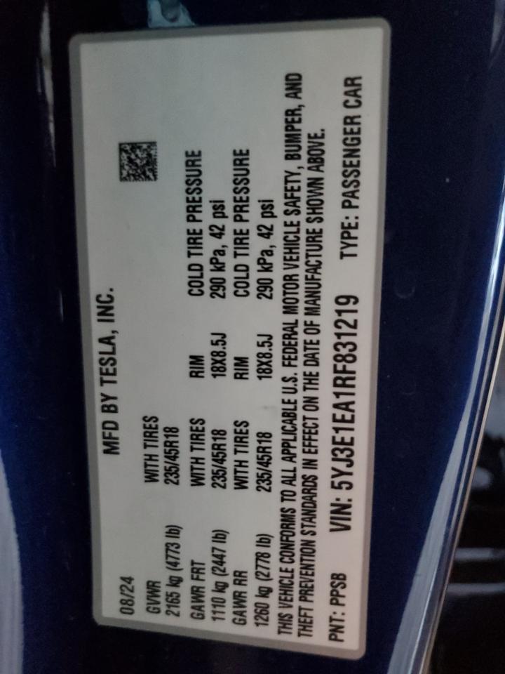 2024 Tesla Model 3 VIN: 5YJ3E1EA1RF831219 Lot: 90290095