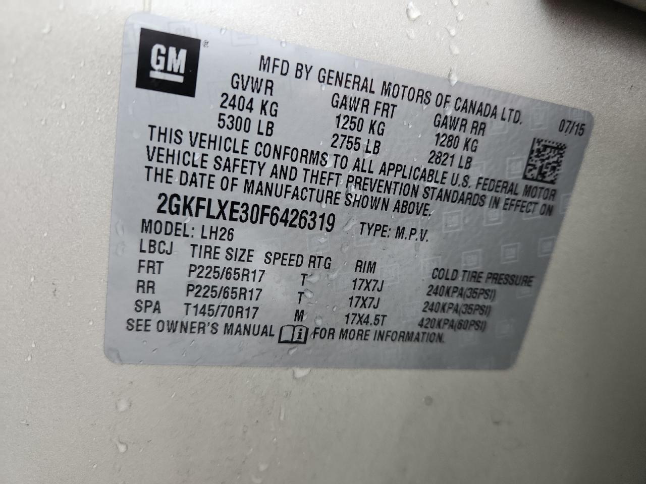 2015 GMC Terrain Slt VIN: 2GKFLXE30F6426319 Lot: 86280605