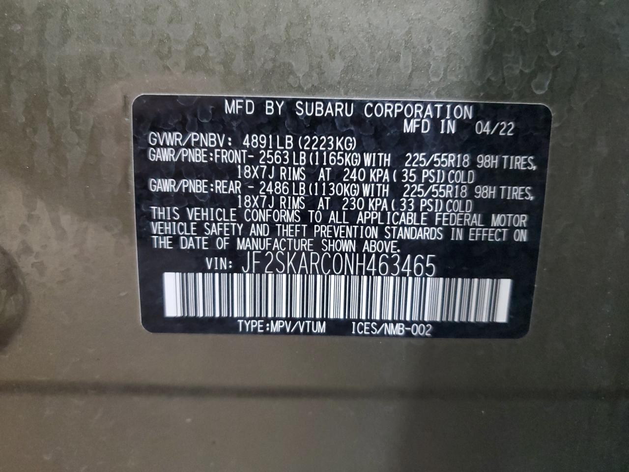 2022 Subaru Forester Touring VIN: JF2SKARC0NH463465 Lot: 81885565