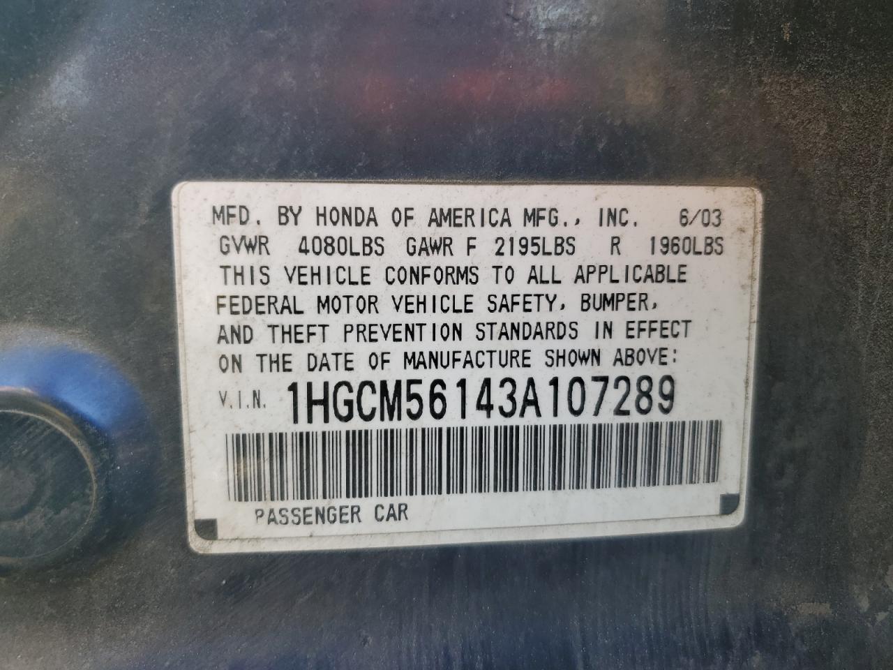 2003 Honda Accord Dx VIN: 1HGCM56143A107289 Lot: 85930675