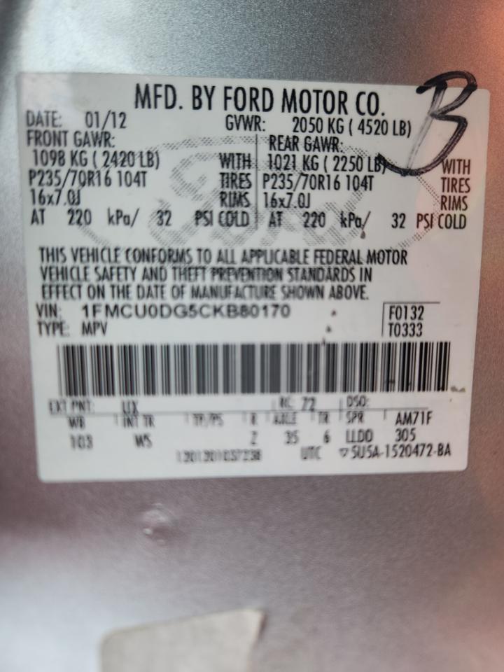 2012 Ford Escape Xlt VIN: 1FMCU0DG5CKB80170 Lot: 85376555
