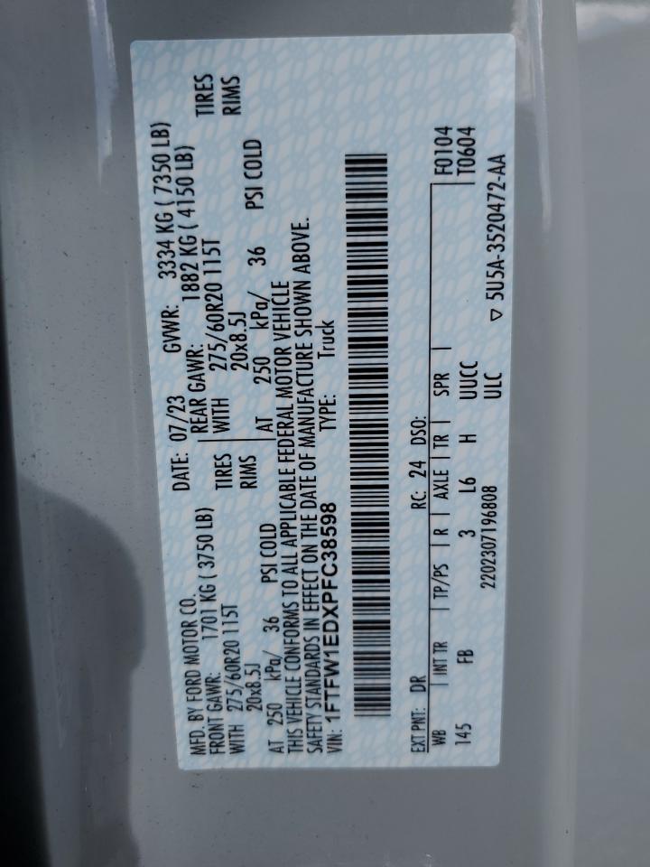 2023 Ford F150 Supercrew VIN: 1FTFW1EDXPFC38598 Lot: 90396075