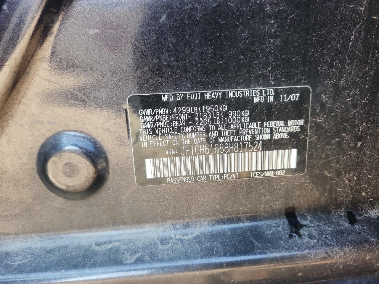 2008 Subaru Impreza 2.5I VIN: JF1GH61688H817524 Lot: 85291295