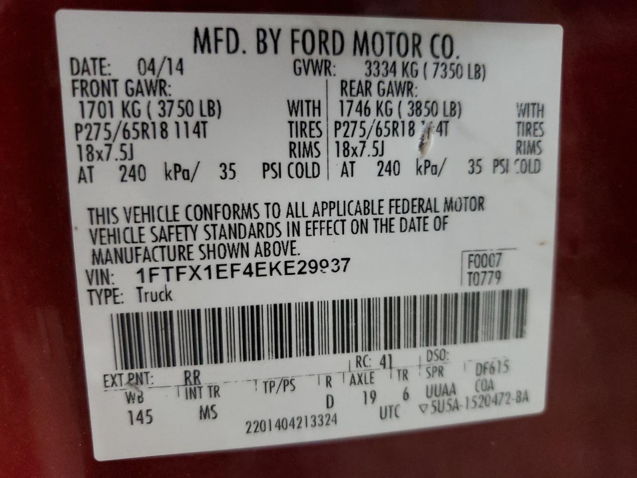 2014 Ford F150 Super Cab VIN: 1FTFX1EF4EKE29937 Lot: 85138595