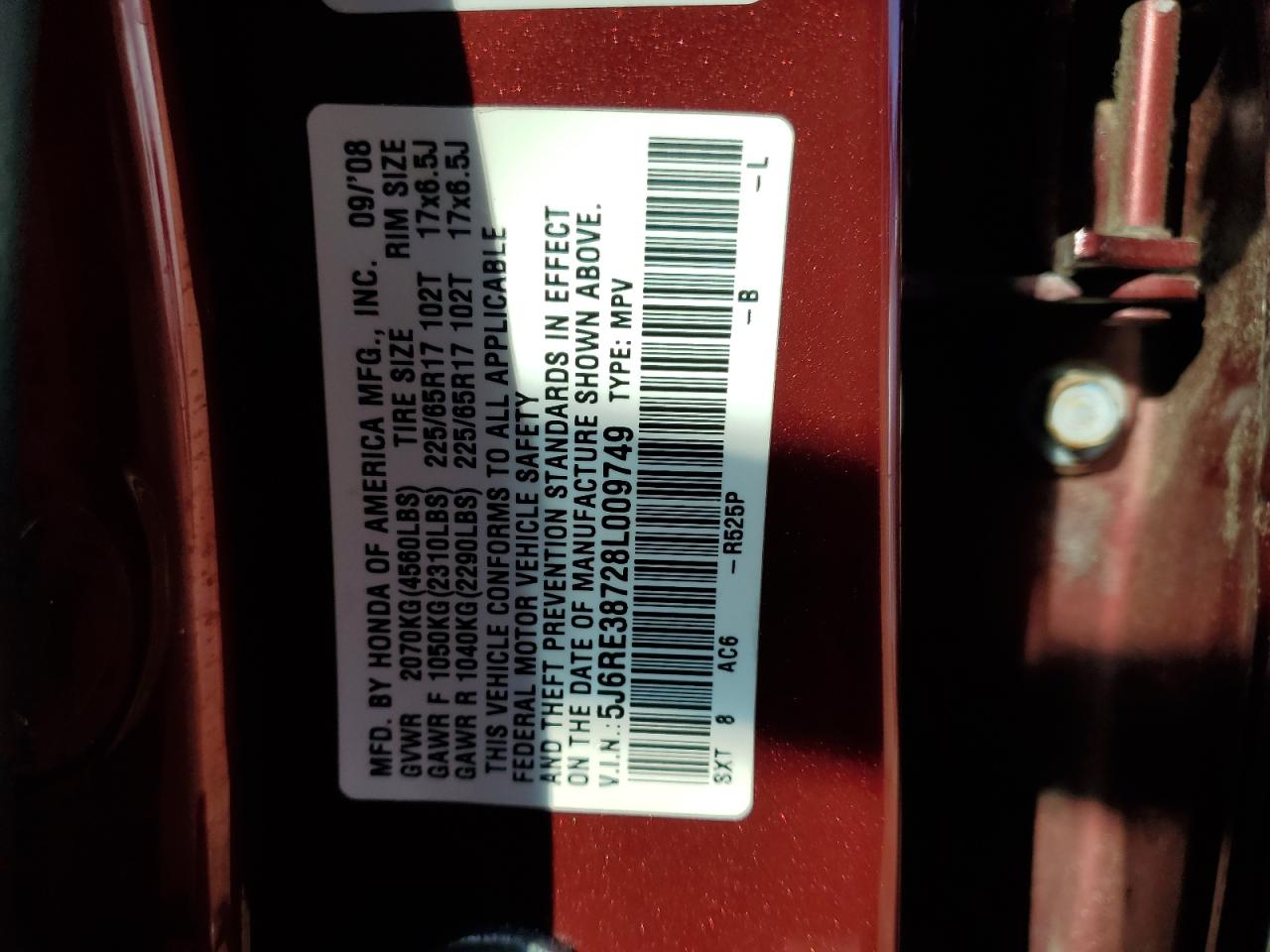 2008 Honda Cr-V Exl VIN: 5J6RE38728L009749 Lot: 90118885