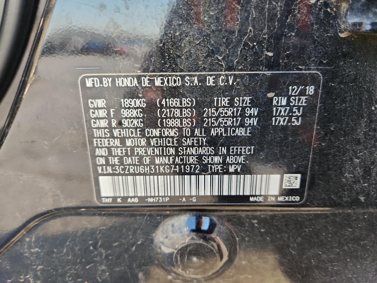 2019 Honda Hr-V Lx VIN: 3CZRU6H31KG711972 Lot: 84420595