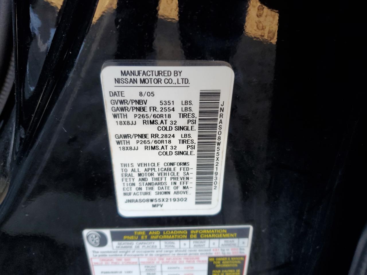 2005 Infiniti Fx35 VIN: JNRAS08W55X219302 Lot: 82475855