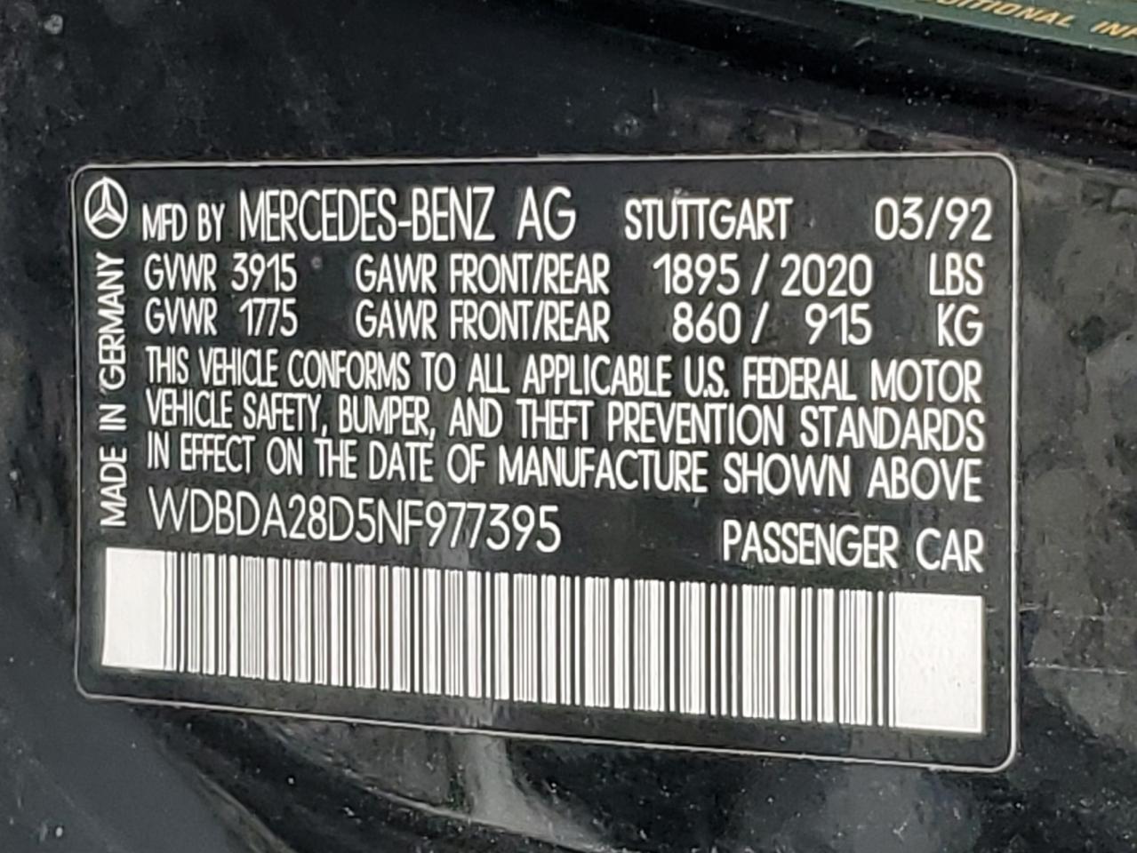 1992 Mercedes-Benz 190 E 2.3 VIN: WDBDA28D5NF977395 Lot: 85899475