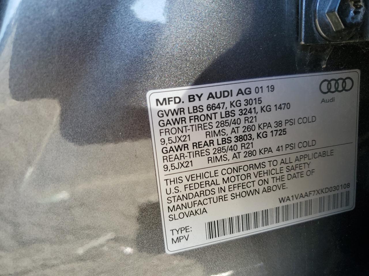 2019 Audi Q7 Prestige VIN: WA1VAAF7XKD030108 Lot: 82705745