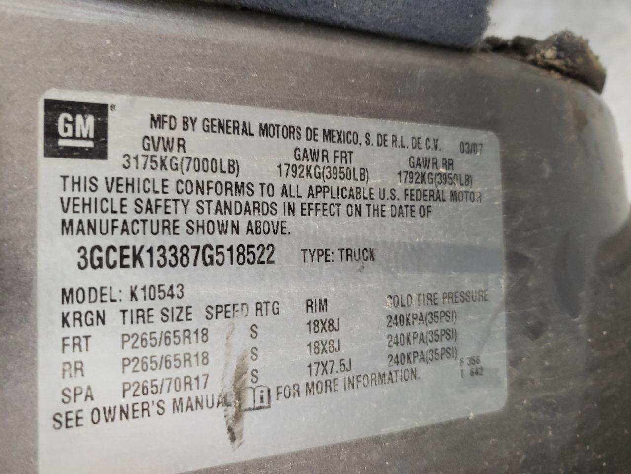 2007 Chevrolet Silverado K1500 Crew Cab VIN: 3GCEK13387G518522 Lot: 82275535