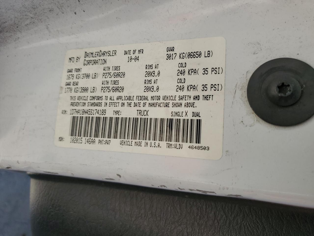 2005 Dodge Ram 1500 St VIN: 1D7HA18N45S174189 Lot: 82349395
