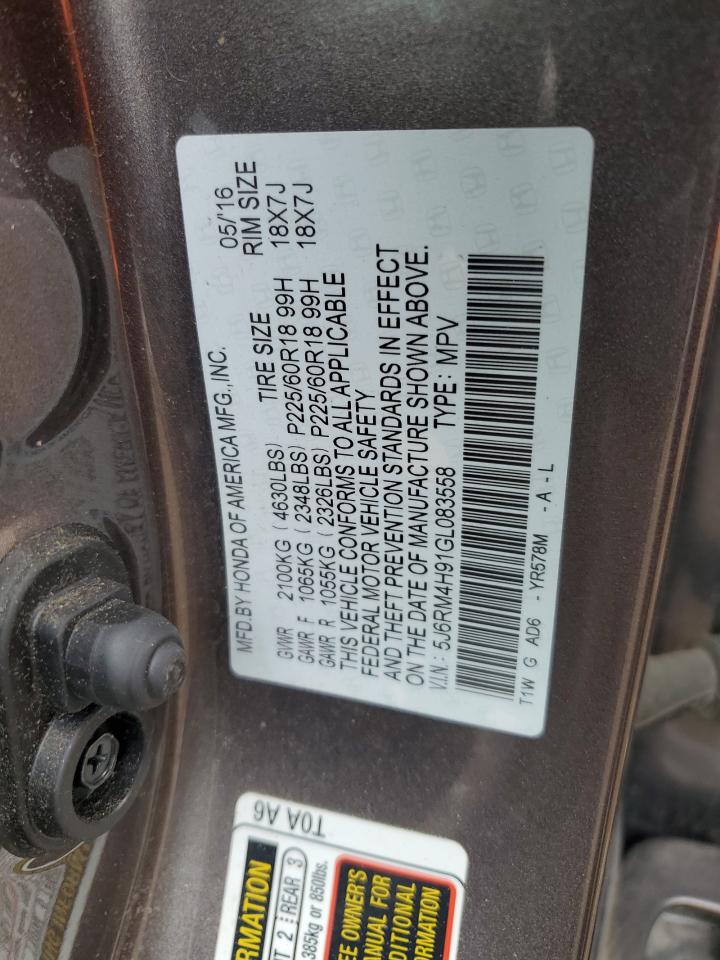 2016 Honda Cr-V Touring VIN: 5J6RM4H91GL083558 Lot: 82372045