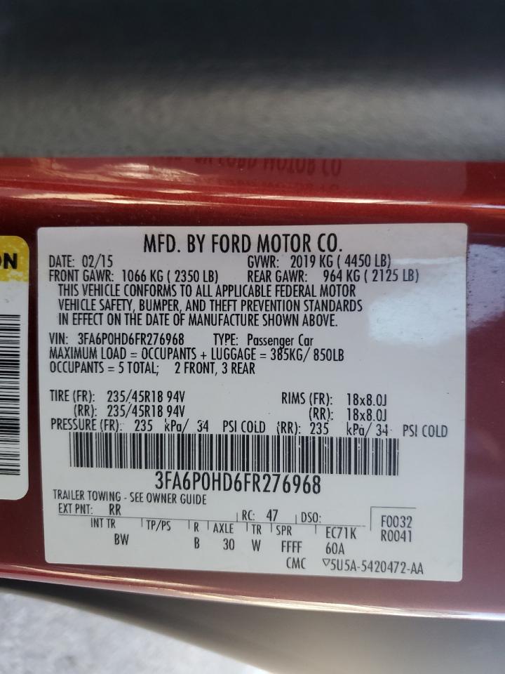 2015 Ford Fusion Se VIN: 3FA6P0HD6FR276968 Lot: 87360545