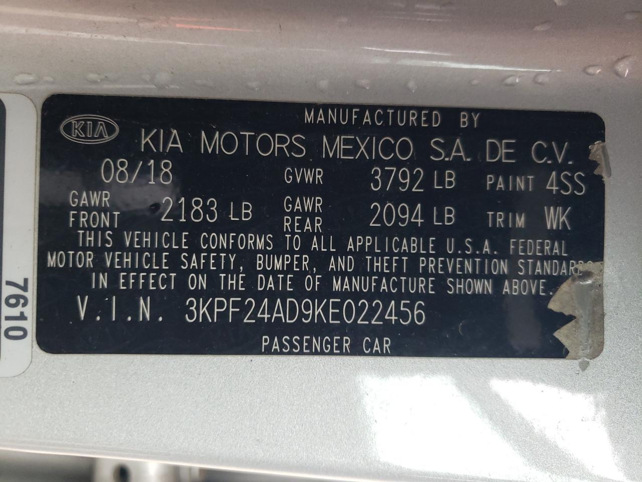 2019 Kia Forte Fe VIN: 3KPF24AD9KE022456 Lot: 82746605