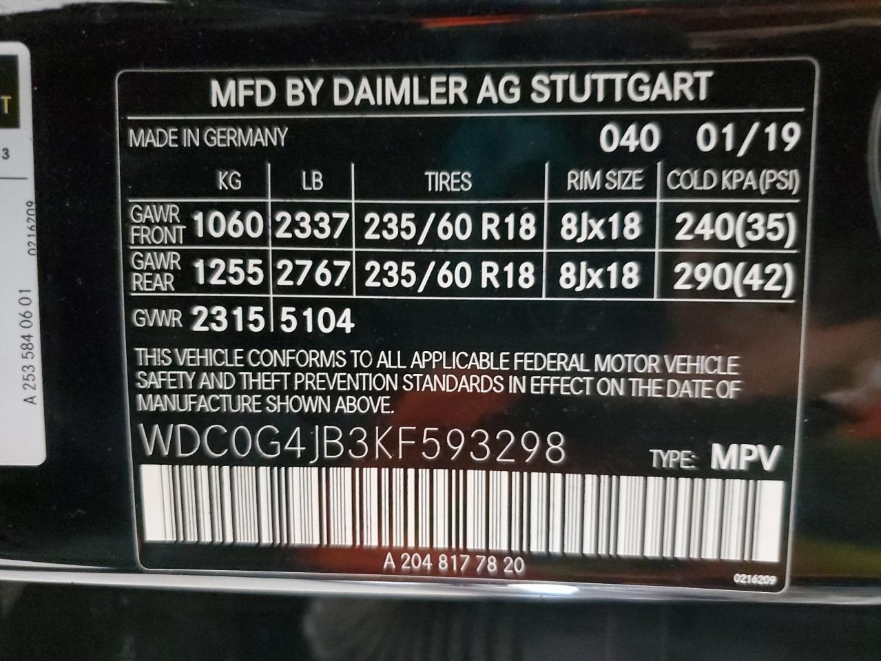 2019 Mercedes-Benz Glc 300 VIN: WDC0G4JB3KF593298 Lot: 84652405