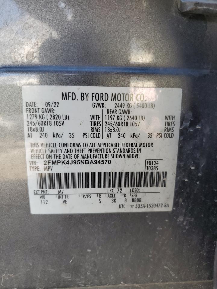 2022 Ford Edge Sel VIN: 2FMPK4J95NBA94570 Lot: 90141315