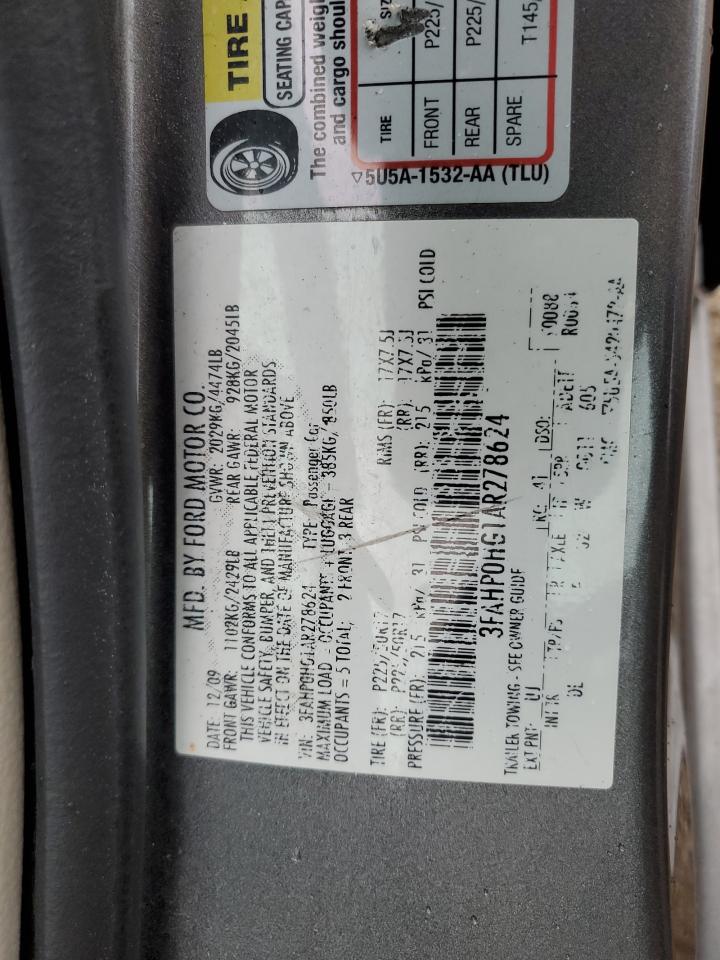 2010 Ford Fusion Se VIN: 3FAHP0HG1AR278624 Lot: 89443755