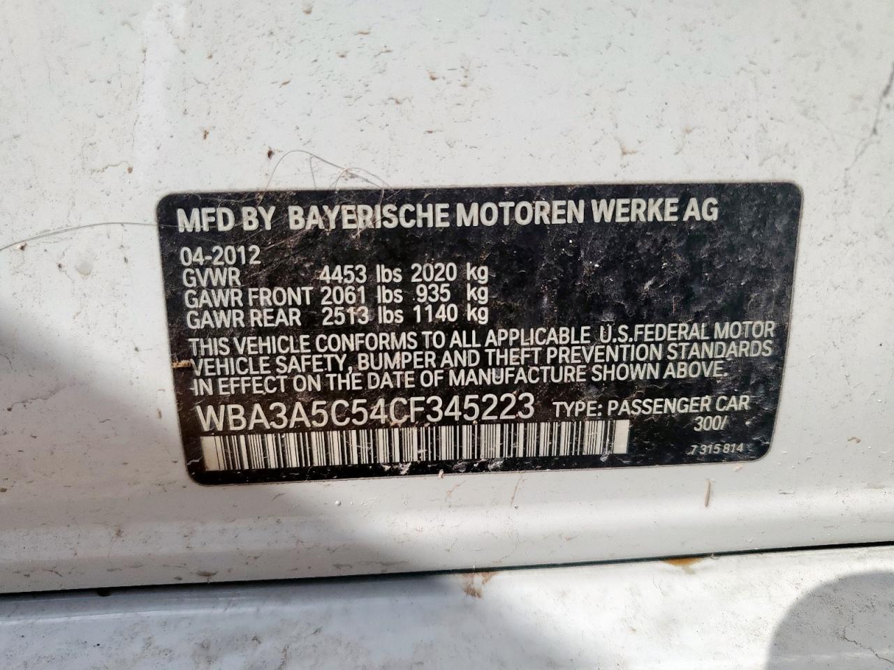 2012 BMW 328 I VIN: WBA3A5C54CF345223 Lot: 82456445