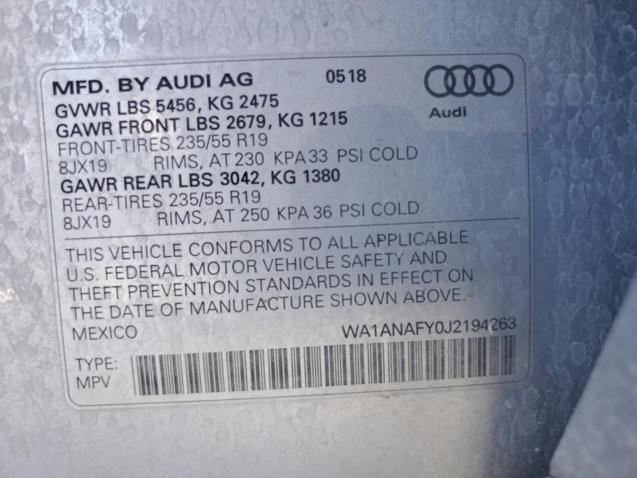 2018 Audi Q5 Premium VIN: WA1ANAFY0J2194263 Lot: 86452565