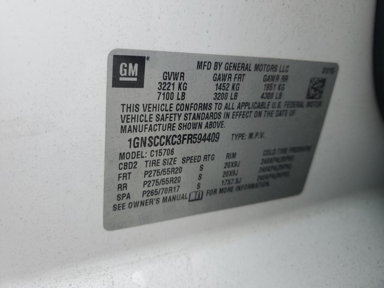 2015 Chevrolet Tahoe C1500 Ltz VIN: 1GNSCCKC3FR594409 Lot: 90541215