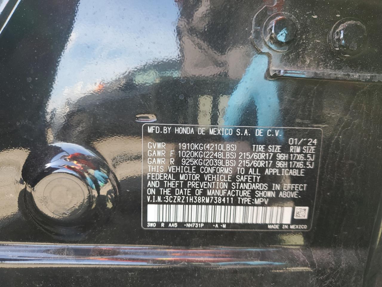 2024 Honda Hr-V Lx VIN: 3CZRZ1H38RM738411 Lot: 84729525
