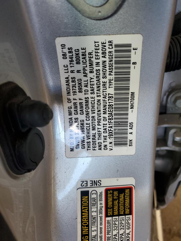 2010 Honda Civic Ex VIN: 19XFA1F83AE081787 Lot: 85910035