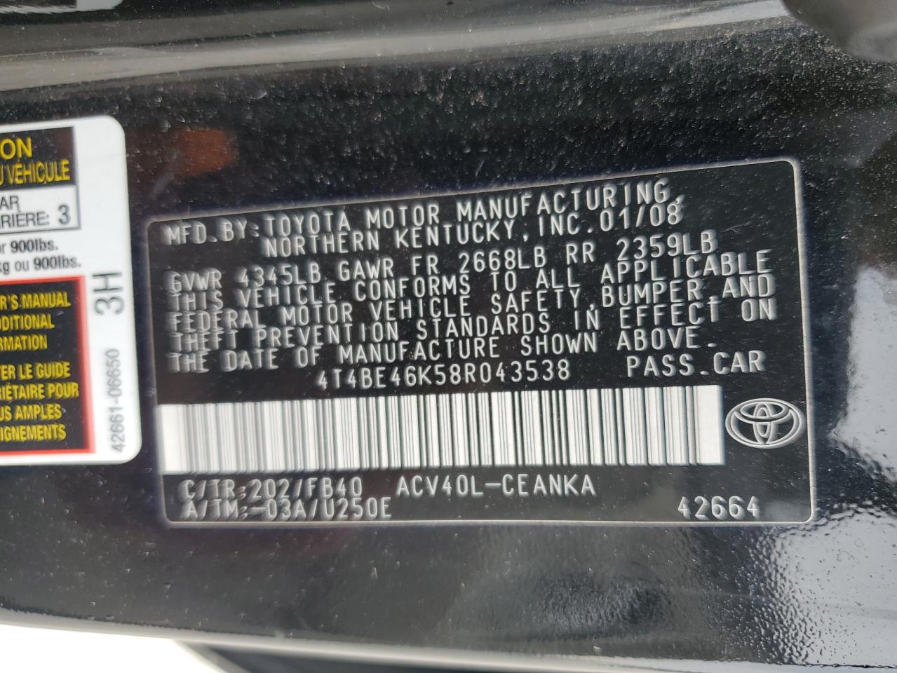 2008 Toyota Camry Ce VIN: 4T4BE46K58R043538 Lot: 82244305