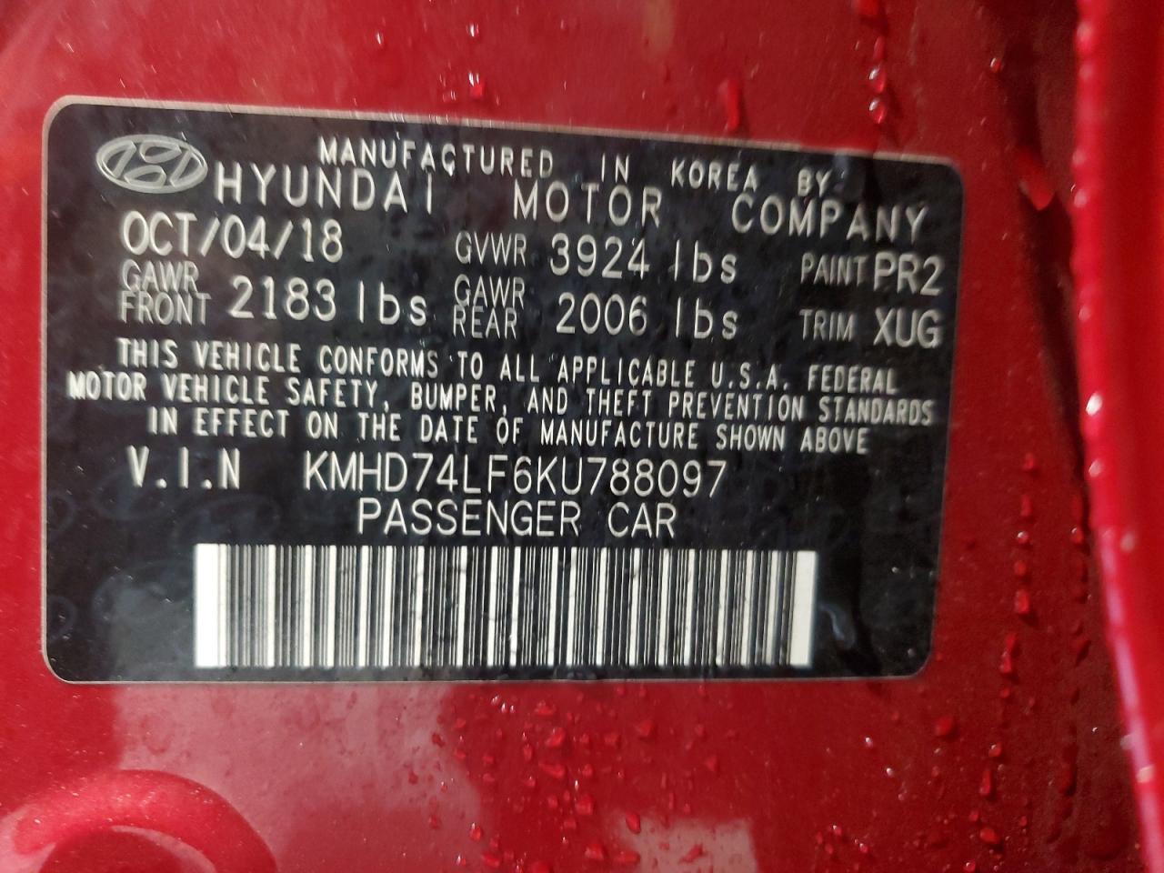 2019 Hyundai Elantra Se VIN: KMHD74LF6KU788097 Lot: 90501865