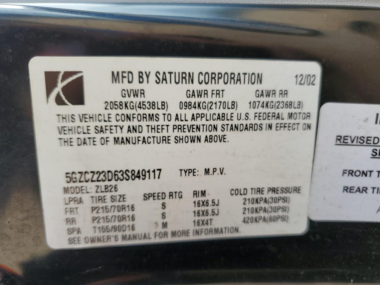 2003 Saturn Vue VIN: 5GZCZ23D63S849117 Lot: 85817425