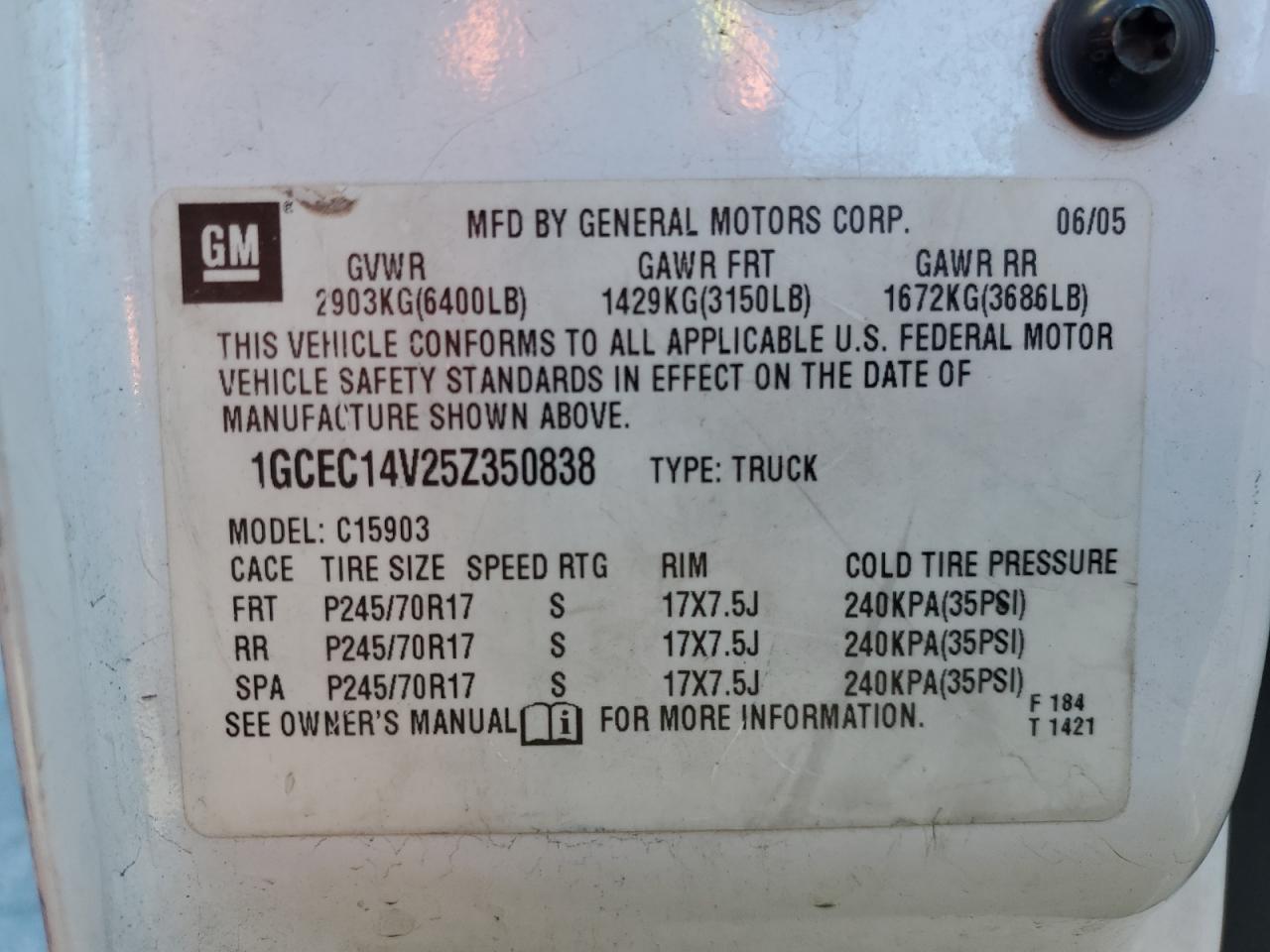 2005 Chevrolet Silverado C1500 VIN: 1GCEC14V25Z350838 Lot: 90726005