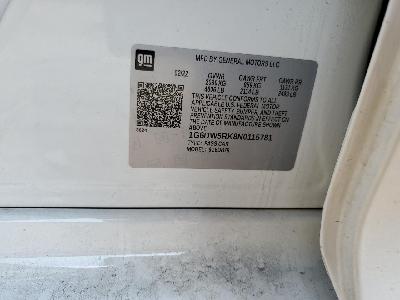 2022 Cadillac Ct5 Luxury VIN: 1G6DW5RK8N0115781 Lot: 87128215