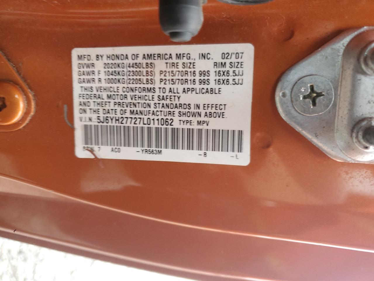 2007 Honda Element Ex VIN: 5J6YH27727L011062 Lot: 87106485