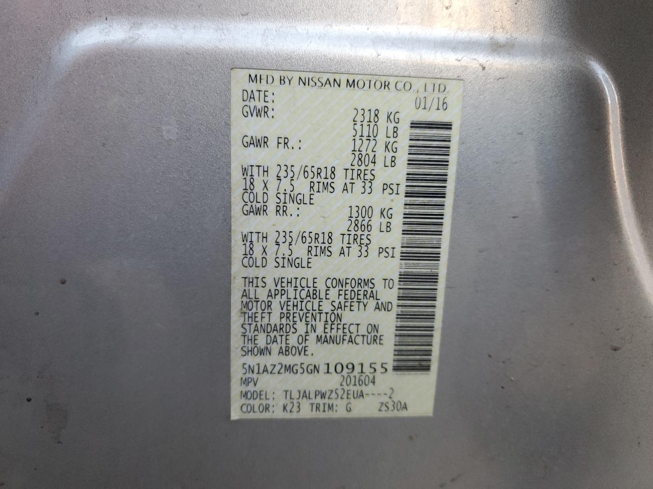 2016 Nissan Murano S VIN: 5N1AZ2MG5GN109155 Lot: 84067075