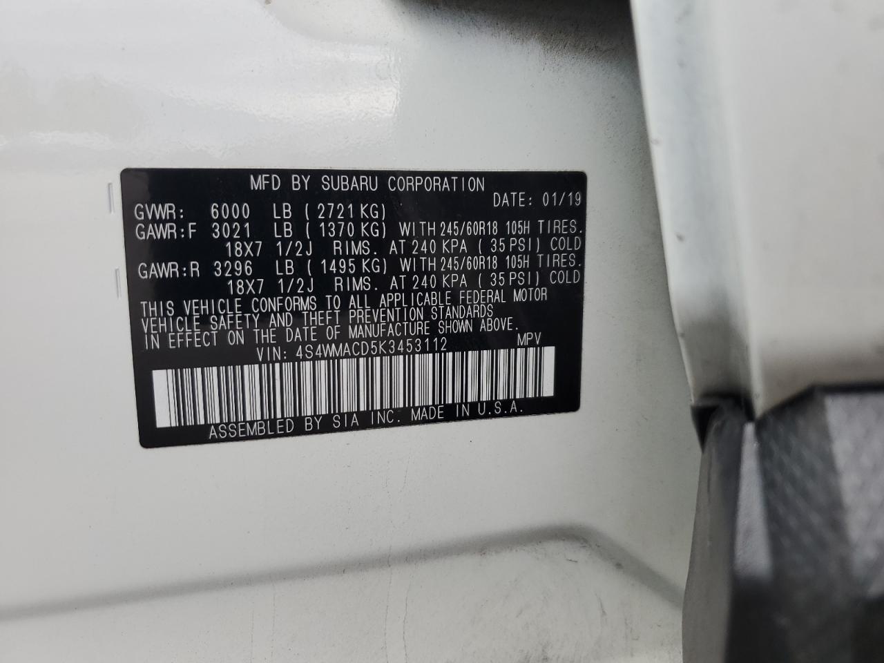 2019 Subaru Ascent Premium VIN: 4S4WMACD5K3453112 Lot: 86112355