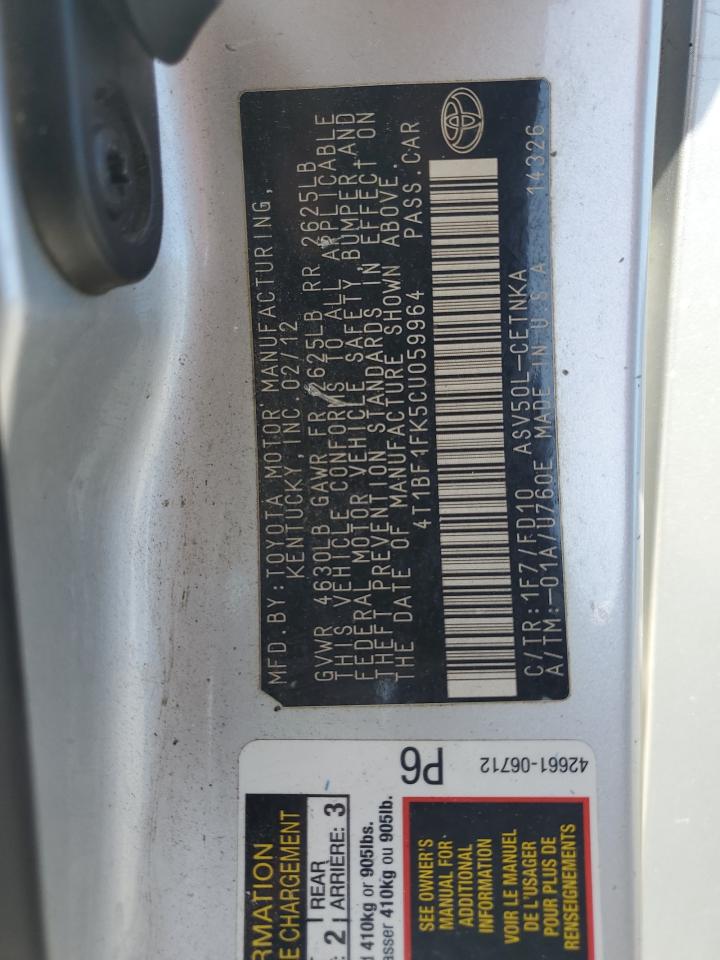 2012 Toyota Camry Base VIN: 4T1BF1FK5CU059964 Lot: 85140065