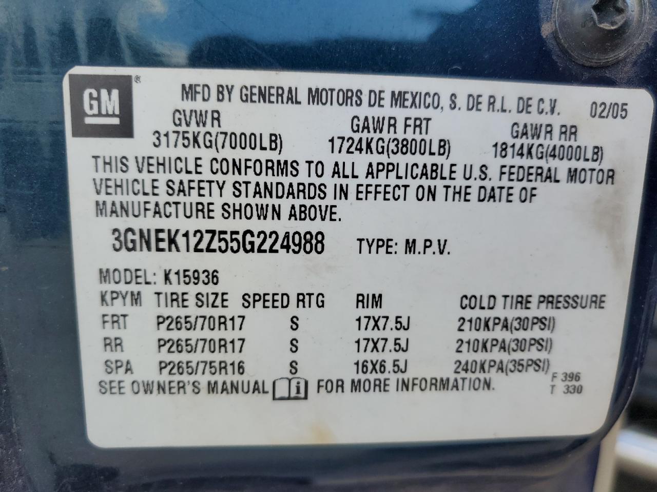 2005 Chevrolet Avalanche K1500 VIN: 3GNEK12Z55G224988 Lot: 87372675