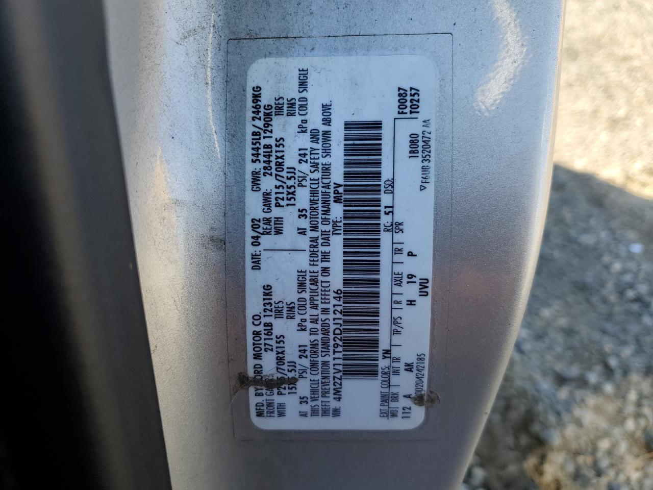 2002 Mercury Villager VIN: 4M2ZV11T92DJ12146 Lot: 82748975