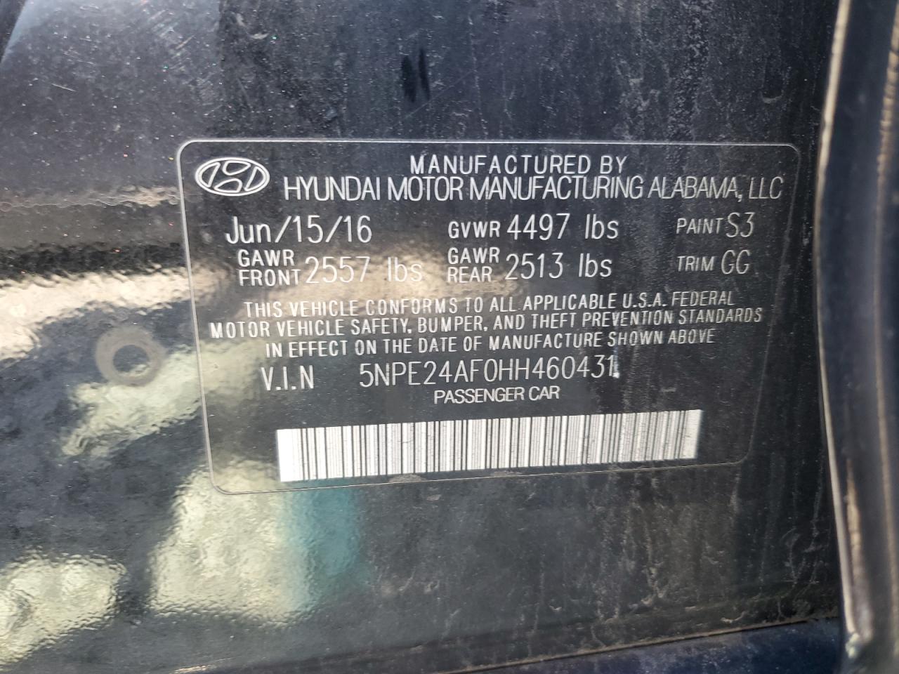 2017 Hyundai Sonata Se VIN: 5NPE24AF0HH460431 Lot: 85575885